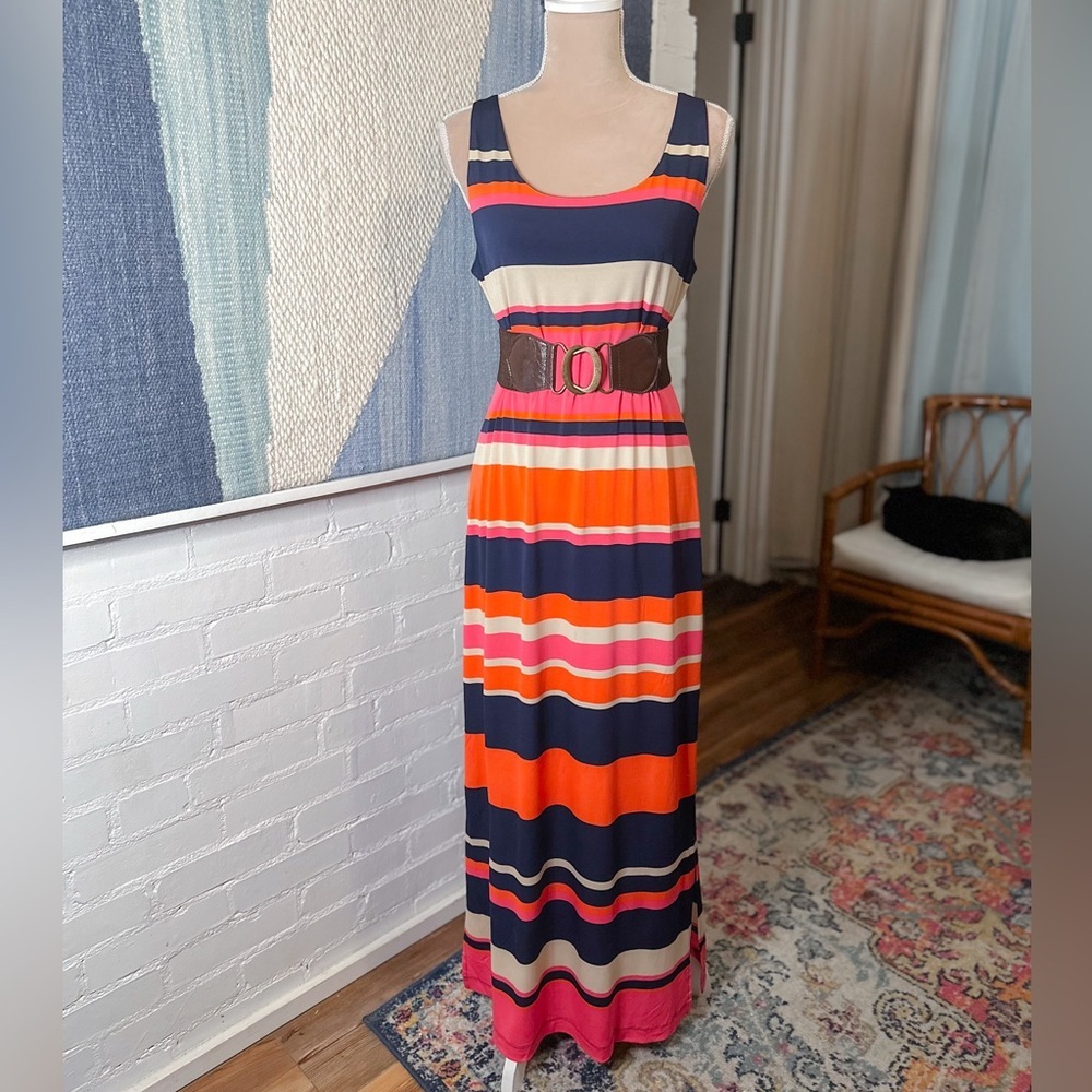 Jessica Howard Striped Neon Pink and Orange Maxi Dress